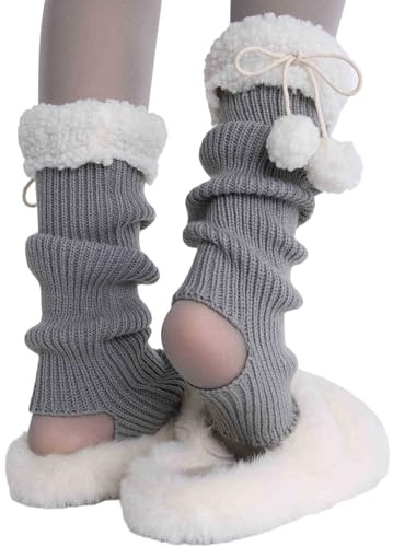 ZYKEJJDDAK Dam Lolitas stickade långbenstrumpor stigbyglar benvärmare vinter varma ankelstrumpor söta benskydd med plyschboll vinter fotskydd, Grått, one size