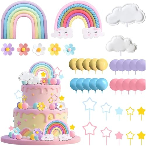 39Pcs Rainbow Cake Decorations, Fantasy Cake Toppers for Girls, Rainbow Birthday Decorations, DIY Cupcake Decorations for Birthday Baby Shower Macaron Party Supplies