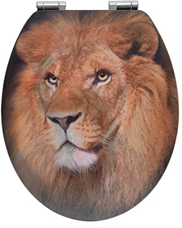 WENKO WC-Sitz Mod. Lion, Toilettensitz mit Absenkautomatik und 3D-Motiv, WC-Deckel für sanftes Deckelschließen mit rostfreier Hygienebefestigung, aus MDF, 38 x 44,5 cm, FSC® Zertifiziert, Mehrfarbig