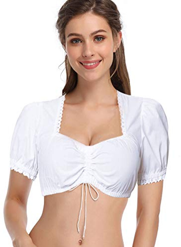 GloryStar Women's Bavarian Oktoberfest Costume Traditional Dirndl Blouse Beer Garden Sweatheart Neck Crop Top White L