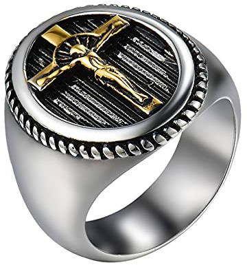 JewelryWe Schmuck Herren-Ring mit Gravur Edelstahl Jesus Kreuz Siegelring Band Silber Gold Größe 52 bis 72
