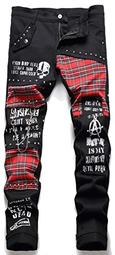 MRLION Jeans Patchwork Scozzesi Rossi Scozzesi da Uomo Punk Rivet Patch Pantaloni di Jeans ​Neri Lettere alla Moda con Teschio Pantaloni Dritti Slim Stampat,Nero,38