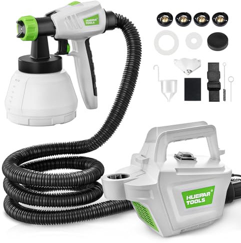 Huepar Tools Pistola de Pintura 800W, Pistola Pintura Electrica con Tanque Desmontable De 1300Ml, 4 Boquillas de Latón, Manguera de 3m, Flujo de Rociado Ajustables, para Interiores y Exteriores