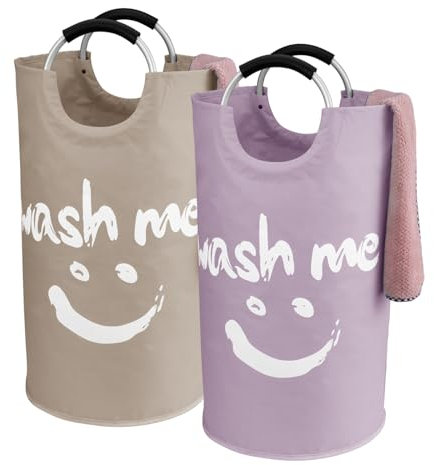 IHOMAGIC 2 pezzi Ceste per la Biancheria, Cesto Portabiancheria Pieghevole, Raccoglitore per bottiglie, Borsa Organizzatore per attrezzi fitness, Vestiti Giocattoli, 95L (Viola e Cachi)