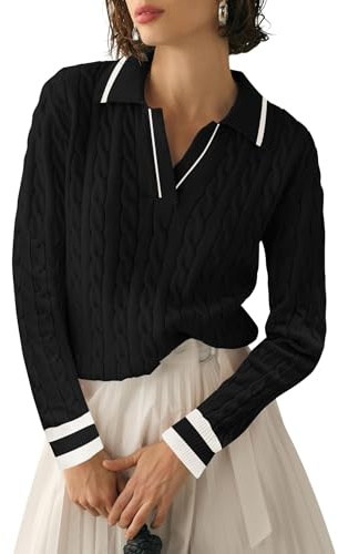 Micoson Fall Sweaters for Women Vintage Casual Long Sleeve Jumper Polo V Neck Pullover Tops Cable Knit (Black White Stripe,XL)