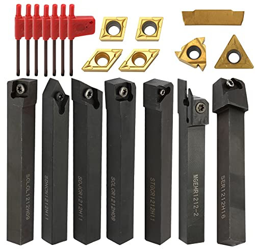 Mulcort Outil de tournage,7 pièces tige de 12 mm porte-outil en carbure,21 pièces porte-outil de tournage ensemble,ensemble de bricolage tour en acier en métal support de barre d'alésage