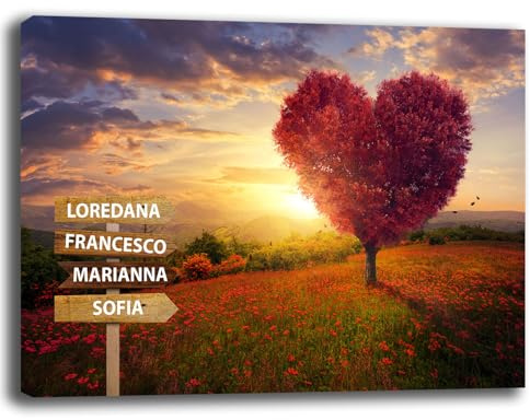Printerland Quadro personalizzato NOMI FAMIGLIA Albero della Vita Stampa su tela canvas personalizzata Famliari Amore Quadri moderni con Cornice in Legno Inclusa (4 Nomi, 50x70 cm, Canvas intelaiato)