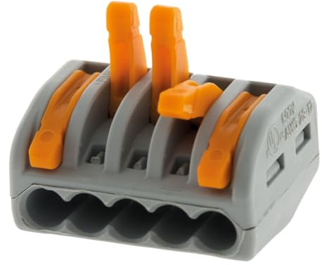 Wago, Hebelklemme Serie 222, 5er-Pack, 5 Eingänge, Kompatibel mit starren, halbstarren und flexiblen Drähten 0,08-4 mm², Spannung 400 V, Strom 32 A, Abisolierlänge 9-10 mm