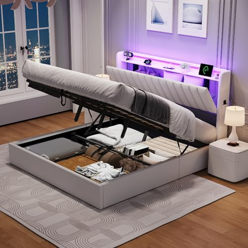 Mrwoo 4ft6 Double Bed Frame with Hydraulic Storage, Upholstered Bed with Concealed Storage Headboard, Adjustable-LED and Charging Station, Metal-Wood, PU, White (No Mattress)