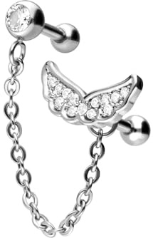 PIERCINGLINE Ohrpiercing Kette mit Kristallflügel aus Chirurgenstahl - Piercing Schmuck für Ohr oder Helix in 3 Farben