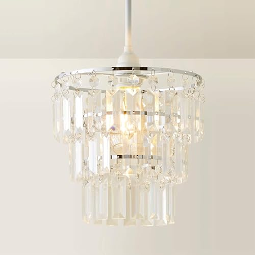 MiniSun | Modern 3 Tier Ceiling Light Shade with Clear Acrylic Jewel Effect Droplets | Pendant Lights, Home Décor & Improvement Essential | 23cm Shade Width