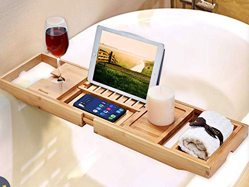 Harcas premium bamboo bathtub caddy tray Beautiful bathtub tray with extending sides, with wine glass holder and iPad or book holder