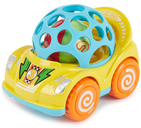 Bieco Rückzug Auto Mit Rassel, Gelb | Baby Spielzeug | Aufziehautos Mit Rückzug | Ab 1 Jahr | Cars Geschenke