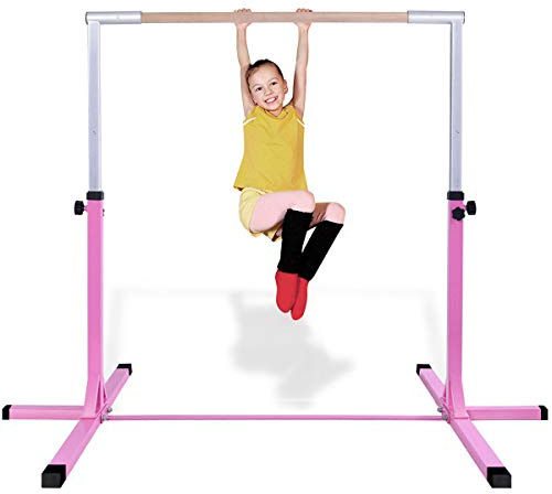 Costzon Gymnastic Training Bar, 3 to 5 Height Adjustable Expandable Kip Bar for 1-4 Levels Gymnasts, Heavy-Duty Junior Horizontal Bar w/Double Locking Mechanism, Ideal for Indoor, Home, Gym (Pink)