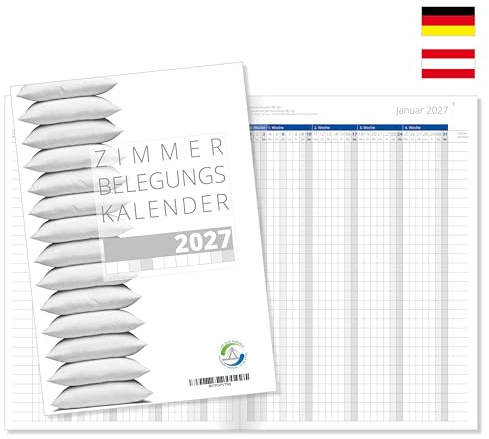 Zimmerbelegungsplan 2027, Zimmerbelegungskalender für Pensionen, Hotels und Ferienhäuser, Ferienvermietungen, DIN A4 Format, Blaue Sonn- und Feiertage