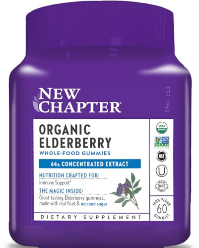 New Chapter Elderberry Gummies for Adults & Kids (2+), USDA Organic 64x Concentrated Elderberry for Immune Support, Great-Tasting Whole-Food Gummies, Vegan & Non-GMO - 60 ct