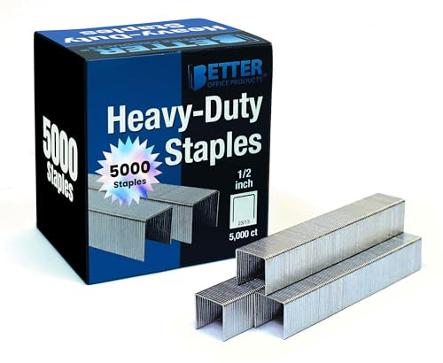 Better Office Products 5,000 Count Heavy Duty Staples, 23/13, 1/2-inch Staples, 100/Strip, Chisel Point Tips, High Capacity,