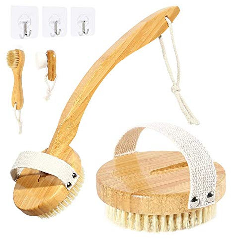 SlimpleStudio Badbürste Trockene Bürstenkörperbürste aus Holz Dusche Bürste Back Pinsel mit langem gekrümmten abnehmbaren Griff Back Wäscher Körperbürste