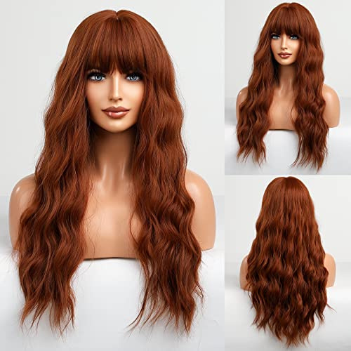 HAIRCUBE Parrucca arancione con Bangs Lungo rame rosso parrucca riccia per le donne Lungo Auburn parrucca resistente al calore naturale parrucca sintetica per uso quotidiano