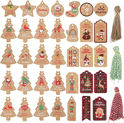 GeeRic Etiquetas Regalo Navidad,200pcs Etiquetas Etiquetas para Envolver Papel Kraft Etiquetas Colgantes con Cordel Boda cumpleaños DIY