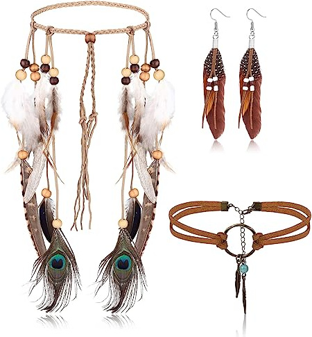 Johiux 3 Stück Hippie Kostüm Damen Schmuck,Feder Kopfschmuck,60er 70er 80er Jahre Bekleidung Damen,Vintage Boho Hippie Schmuck mit Stirnband Halskette,2 Ohrring,Tribal Kopfschmuck im Stil