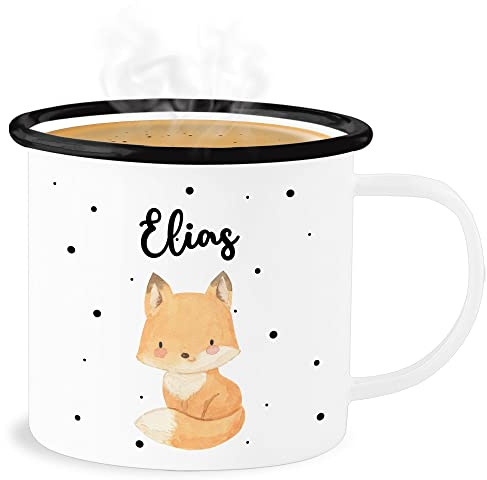 Emaille Becher Blechbecher - Tiere - Süßer Fuchs - 300 ml - Weiß Schwarz - tasse mug kindergarten personalisierte geschenke kita tassen child tier name kaffeebecher für tieren tiermotiv