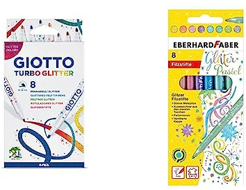 Giotto 4258 00 - Turbo Glitter, 8 Fasermaler, bunt & Eberhard Faber 551009 - Glitzer Filzstifte in 8 intensiven Pastell-Farben, Minenstärke 3 mm