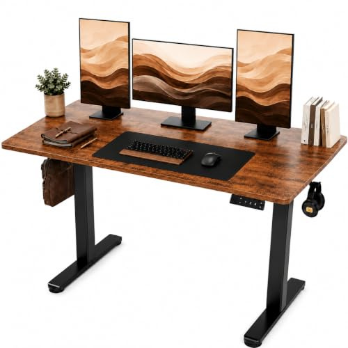 Claiks Schreibtisch Höhenverstellbar Elektrisch, Höhenverstellbarer Schreibtisch 140x60 cm, Standing Height Adjustable Desk, Schwarz Gestell/Vintage Braun Oberfläche