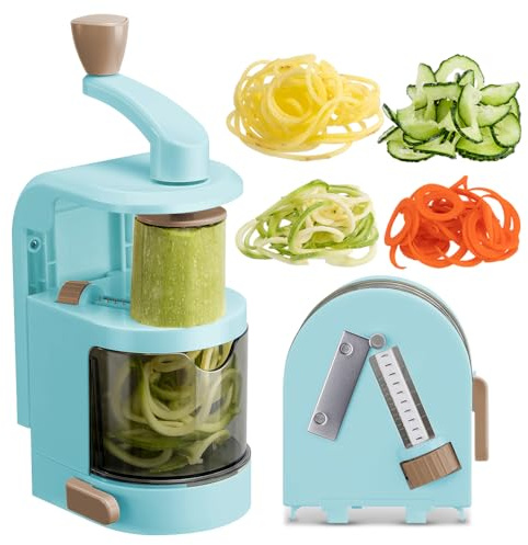 Badelite Vegetable Spiralizer 4-IN-1 Rotating Blade Veggie Spiralizer Zucchini Noodle Maker with Strong Suction Cup Spiral Vegetable Cutter Slicer - Blue