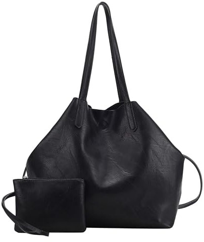 OBC Damen XXL Tasche Set 3in1 Shopper Handtasche Crossbody Hobo Bag Schultertasche Umhängetasche Cross-Over DIN-A4 Damentasche Reisetasche Beuteltasche Leder Optik Schwarz