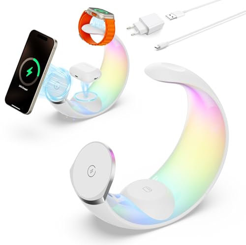 4 in 1 Ladestation für Apple, magnetisches kabelloses Ladegerät für iPhone 16 15 14 13 12 11 9 8 alle Serien mit RGB-Nachtlicht & für Apple Watch Ladegerät & für AirPods 4 mit ANC/3/2/Pro
