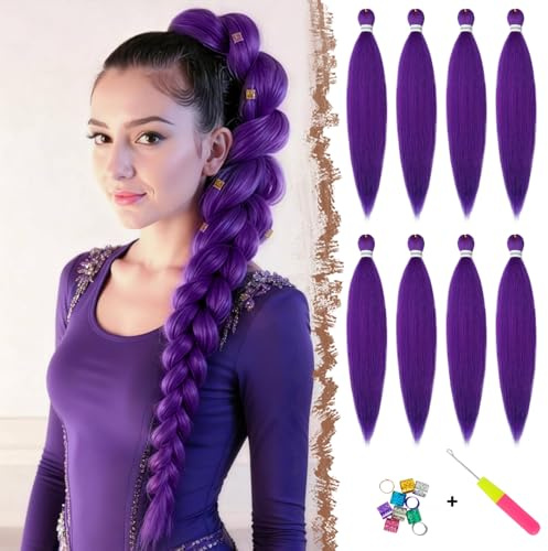 FESHFEN Meches pour Tresses Africaine Rajout Cheveux Tresses Pré étiré Tressage Braiding Hair Synthétiques Yaki 8 Packs Violet Braid Hair Braids Extensions de cheveux pour Femme 65cm