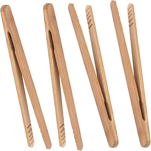 Rotupap 4pcs Bamboo Toast Tongs - 18cm/7 inch Wooden Toaster Tongs with Anti-Slip Design,Reusable,for BBQ Fried Food,Bread