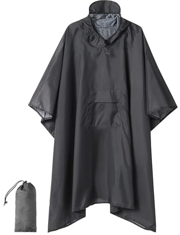 Sonhomay Wasserdichter Regenponcho 3 in 1 Poncho mit Kordelzug Kapuze Leichter Regenponcho für Wandern Camping Outdoor Radfahren für Erwachsene bis 1,9 m, grau, 20x10cm