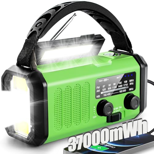 Hand Crank Emergency Radio,37000mWhSolar Powered Hand Crank Portable NOAA AM FM Weather Radio with 3Mode Flashlight and Reading Light,Cell Phone Charger,Home and Emergency Distress Signal (Green)