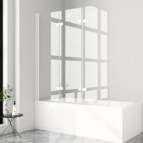 Duschwand für Badewanne 140x140cm 3-teilig Faltwand, 6mm ESG Glas Duschwand Badewannenaufsatz Duschtrennwand Duschabtrennung Badewanne, Weiß
