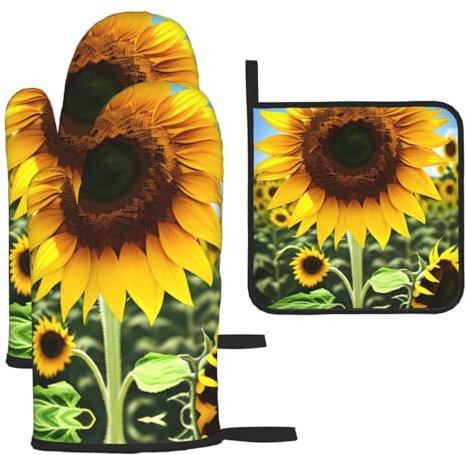 Set di 3 guanti da forno natalizi con girasole gialli e presine, regalo per la famiglia per la cucina, resistenti al calore, set da 3