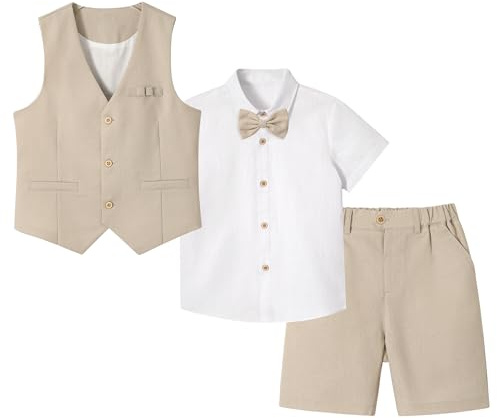 LOLANTA 4PCS Traje de Boda Verano para Niños, Conjunto de Chaleco y Pantalón Corto de Lino para Niños, Ropa de Bautizo Ceremonia Fiesta, Chaleco + Pantalón + Camisa + Pajarita, Caquie, 5-6 años, 120