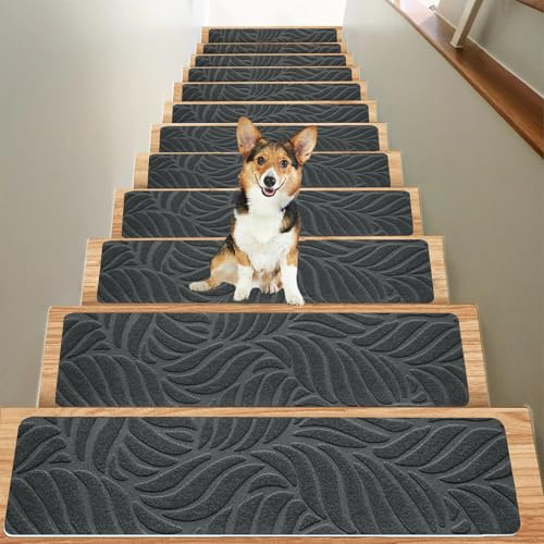 UxradG 15Pcs Anti-Slip Stair Tread Pads, 20 x 76 cm Carpet Stair Treads Mats, Self Reused Step Protectors Cover Mat, Removable Washable Step Runners Safety for Elders, Kids & Dogs