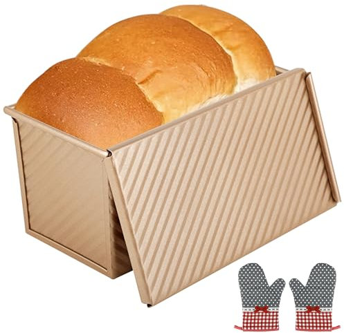Windfromort Stampo pane in Cassetta - Stampi Pane Cassetta in Alluminio Antiaderente - Teglia per pane con Coperchio e 2 Guanti Isolanti - Per Toast, Panetteria, Dolci (Oro)
