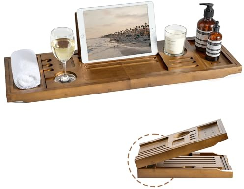 Realgulf Bamboo Bathtub Tray Caddy - Splash-Proof Adjustable (28.5-40) with Wine Holder, Tablet Stand & Non-Slip Grip | Spa-Grade Organizer for Bath Essentials & Reading- Walnut