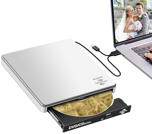 BUNUD LightScribe DVD Burner for Mac: USB C CD/DVD Drive External Portable Compatible with Laptop Windows Linux for Disc Labeling Wedding Photos with SD/TF/2 USB Ports Plug & Play(Silver)