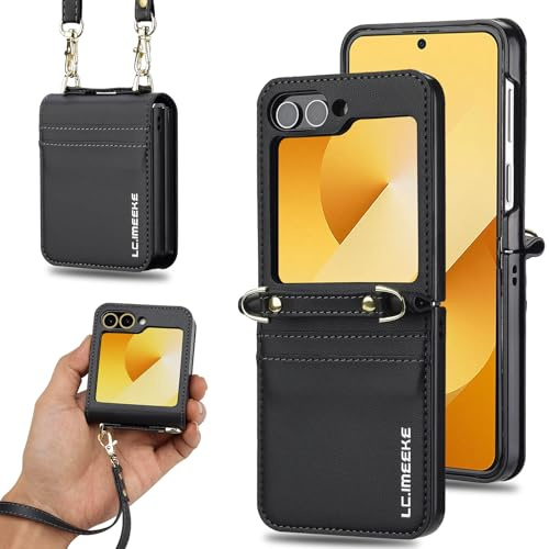 ZHOZEXIN Étui Portefeuille élégant en Cuir PU pour Samsung Galaxy Z Flip 5, avec Support, Fente pour Cartes, dragonne et bandoulière.（Noir）