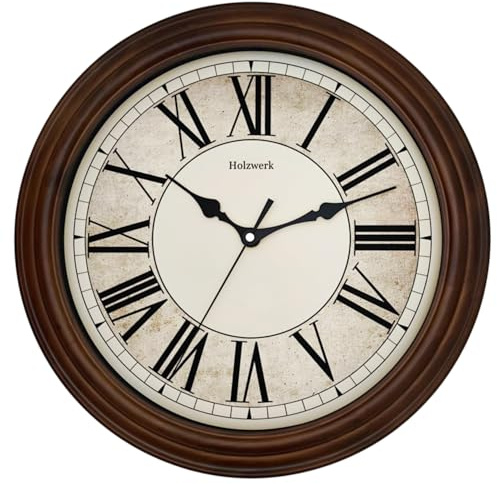 Holzwerk BEDBURG Natur Vintage Retro Holz Quarz Wanduhr Holz-Uhr mit Römischen Ziffern Wand-Uhr nahezu lautloses Uhrwerk leise Tickgeräusche Massivholz Natur 14 Zoll 35cm Braun (HWN.Braun..)