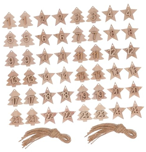 KONTONTY Christmas Calendar Wooden Pendants 2 Sets 1-24 Number Countdown Advent Tags Ropes Xmas Tree Hanging Ornaments for DIY Crafts Gift Bags Home Door and Window Decoration