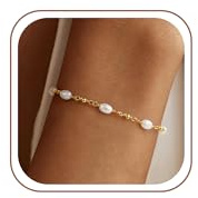 Fimhut Goldperlen Armbänder Für Damen, 14K Vergoldete Armbänder, Zarte Perlenarmbänder Mit Gliederkette, Layering-Armband-Set, Nicht Anlaufend, Wasserdichter Schmuck Für Damen