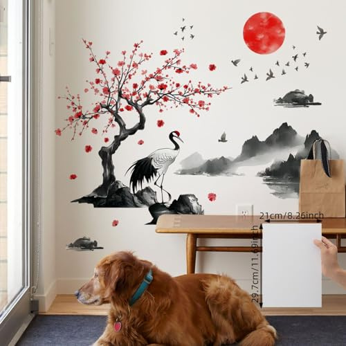 FUFUQUARE Autocollants Muraux Peinture de Paysage de Style Japonais Grue Soleil Montagne Stickers Muraux Décorations Amovibles en PVC pour Chambre à Coucher Salon Couloir Salle de Jeux Bureau