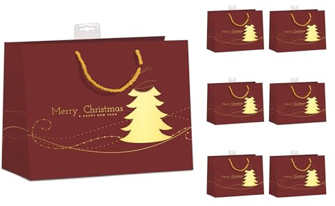 PremiumLine Geschenktüten Weihnachten Groß, Querformat | Hochwertig beschichtet & mit Beschriftungskarte | Stabil, Verstärkter Boden & Rand | FSC® Karton 210 g/m² | DIN A4 (32x26x12cm), 6 Stück