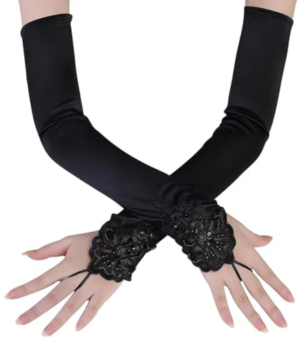 Guantes Sin Dedos, Guantes Largos Mujer, Guantes Mujer Vintage, Guantes de Novia Negro Elegantes Largos Hasta, para Niñas Y Mujeres para Boda Fiestas De Disfraces Banquete, 42 cm