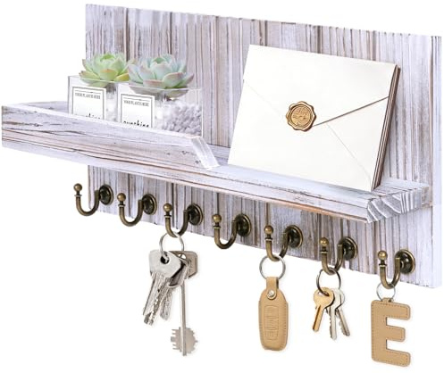 Kldgris Schlüsselbrett mit Ablage, Moderne Schlüsselhalter/Schlüsselboard und 7 Haken Schlüsselbrett Holz für Eingang, Flur, Schlafzimmer, Wohnzimmer (Vintage Weiß)